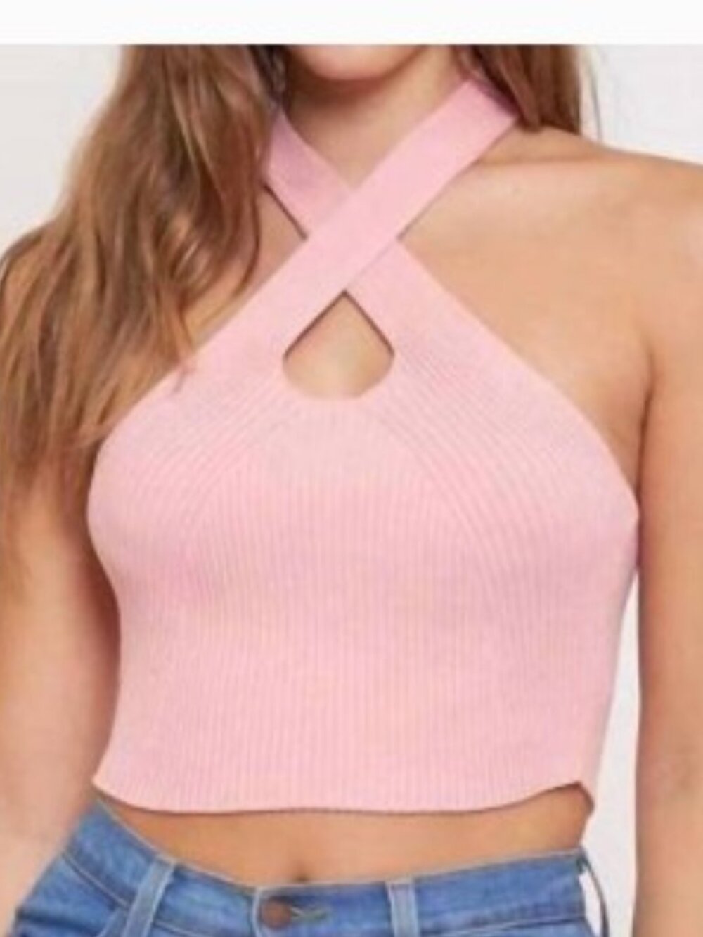 Better Be Pink Ribbed Cross-Front Halter Crop Top - Size: Large - NWT